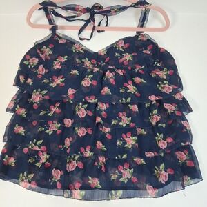 Abercrombie‎ & Fitch Sheer Floral Ruffle Halter Top Rose Print Y2K Cottagecore